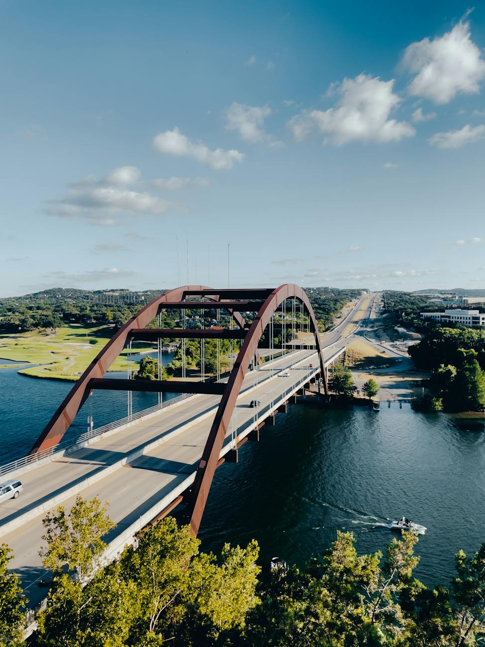 aerial view of the pennybacker bridge in austin texas