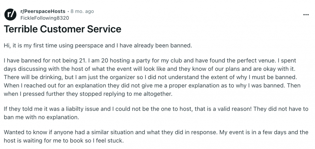 Reddit review of Peerspace's customer service quality