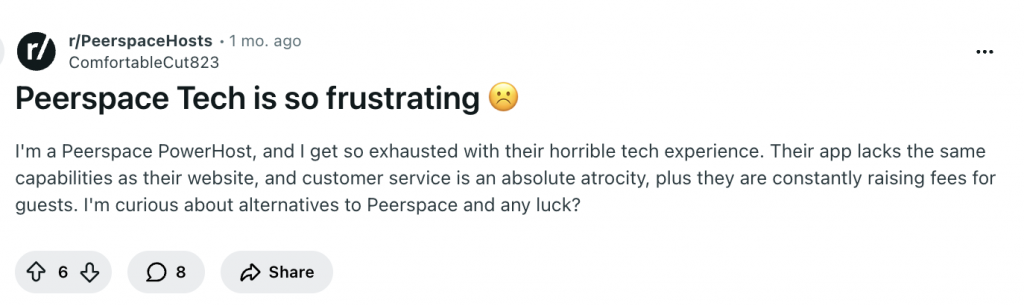 Reddit review of Peerspace's tech quality